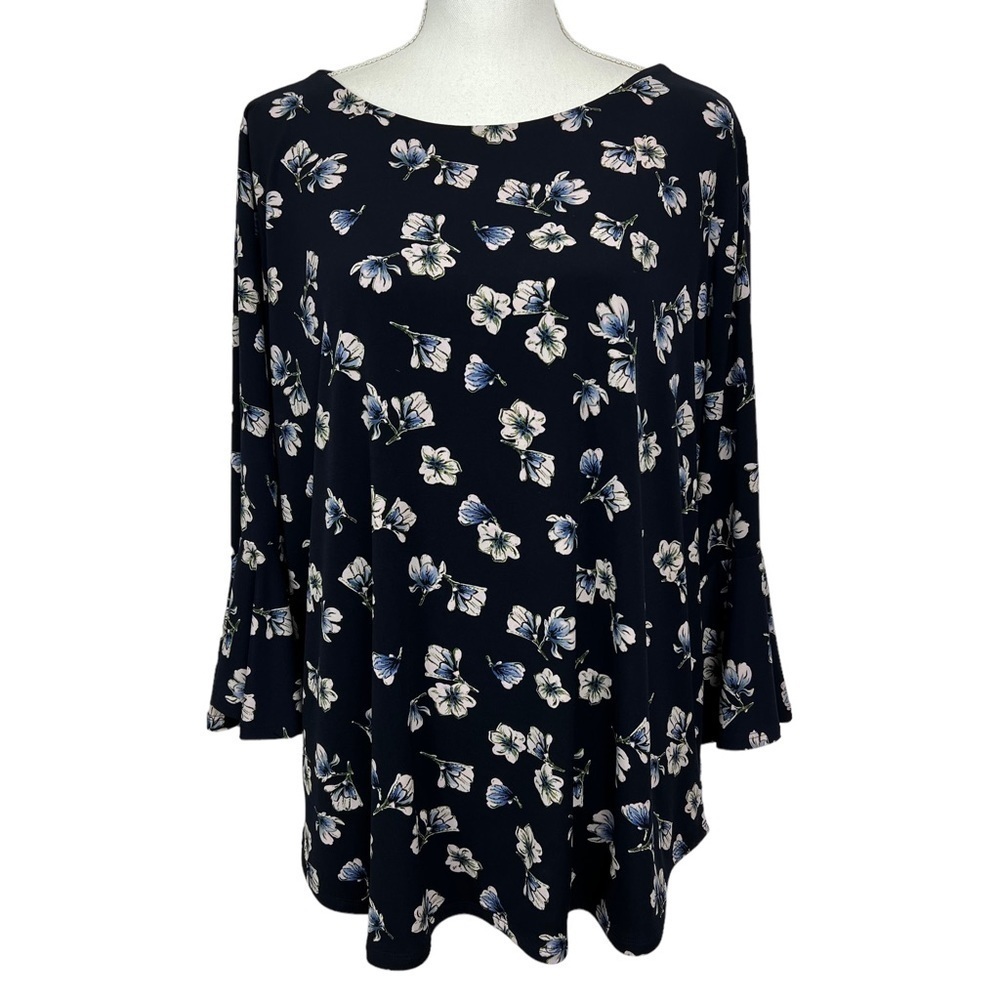 CARMEN Women’s Pullover Top Sz 2X Multi Color Floral Print 3/4 Bell Sleeves